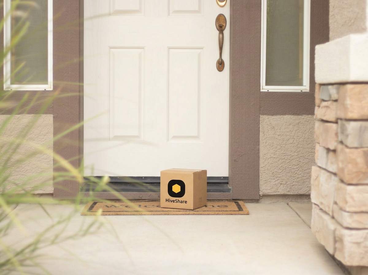 HiveShare kraft shipping box and a jar of raw honey on a sunlit doorstep